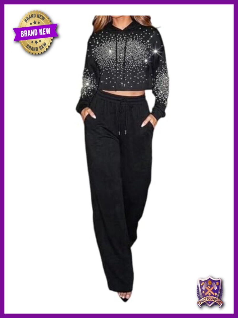Rhinestone Hoodie Sweatpants Set Womens 2 Piece Outfit Cotton Blend